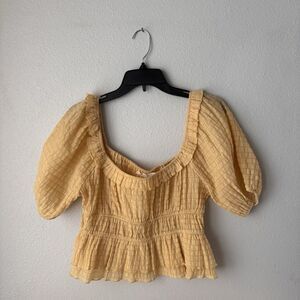 NEW Lush Women's Sz M Yellow Check Puff Sleeve Smocked Crop Top Boho Festival‎